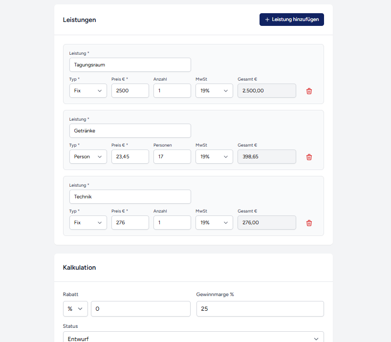 Leistungen Screenshot